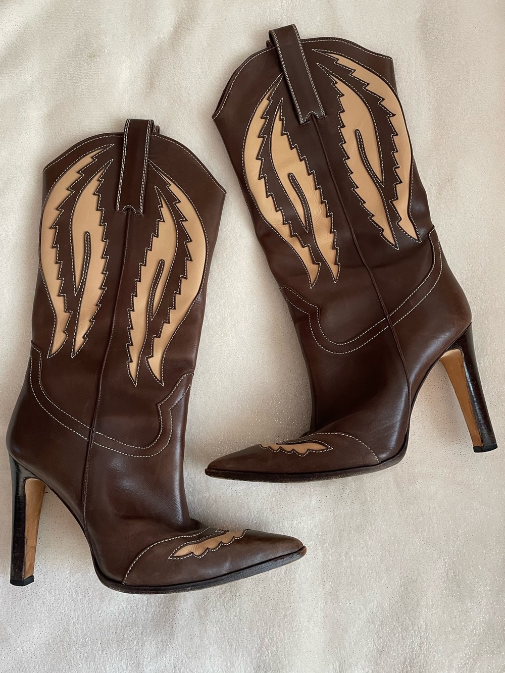 Vintage y2k Manolo Blahnik High Heeled Pointed Toe Brown Western Cowboy Boots